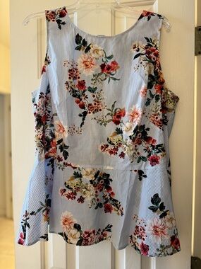 Tommy Hilfiger Blue and White Striped Floral Peplum Tank